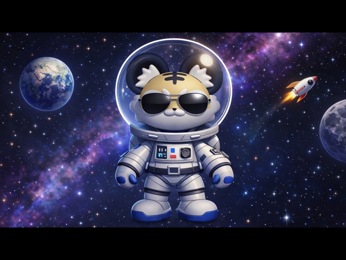 DONGHAE 'Rocket', astronaut tiger character floating between Earth and the moon against a starfield